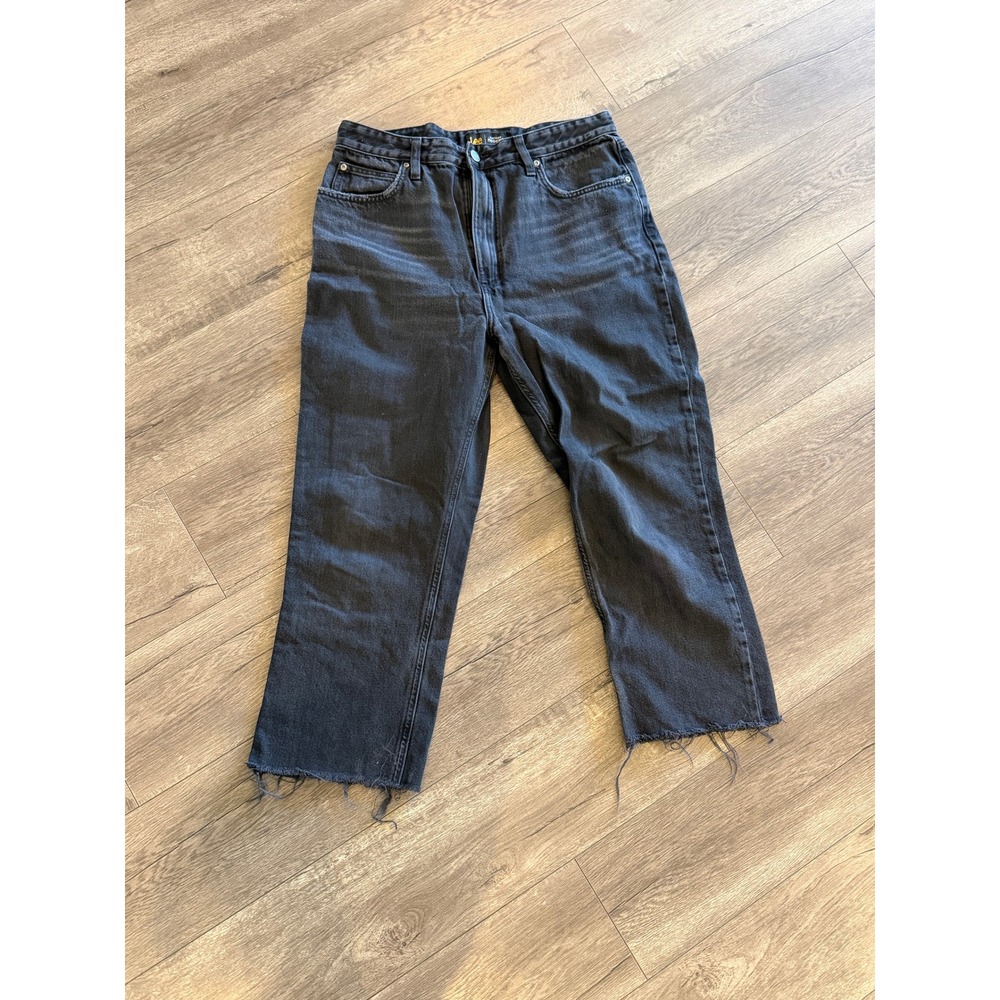 Lee Vintage Modern High Rise Straight Leg Ankle Jeans Black Raw Hem Size 32